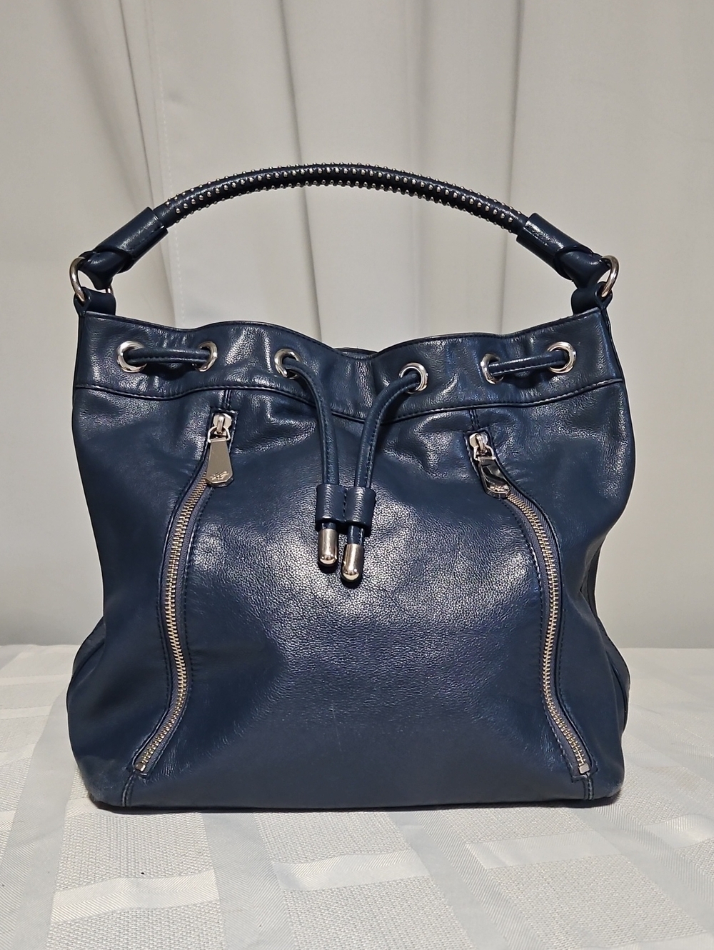 Kenneth Cole Leather Bucket Bag - Navy Blue